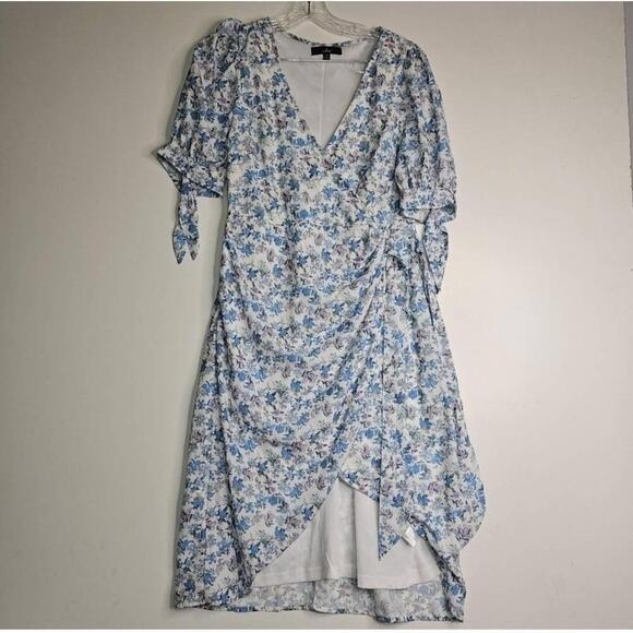 Lulus White Floral Print Puff Sleeve Faux-Wrap Dress Medium - Picture 2 of 11